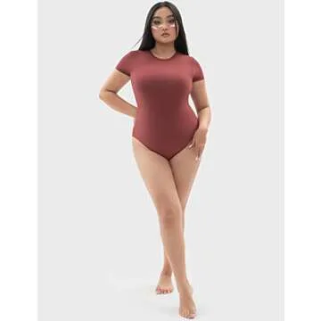 PUMIEY Bodysuit for Women Short Sleeve Body Suits Crew Neck Red Tops Women Fashion Clothing Cherry Large