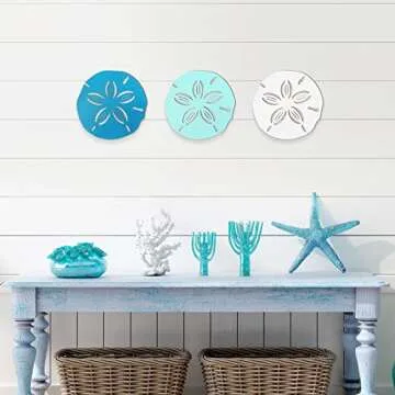 Jetec Sand Dollar Wall Decor 3 Pieces Beach Coastal Wall Art Wood Outdoor Ocean Sand Dollars Decor Art Teal Seafoam for Home Bathroom Decoration