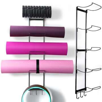 5-Tiers Yoga Mat Holder Wall Mount, Metal Storage Rack for Yoga Mat/Wheels, Foam Roller and Block, W...