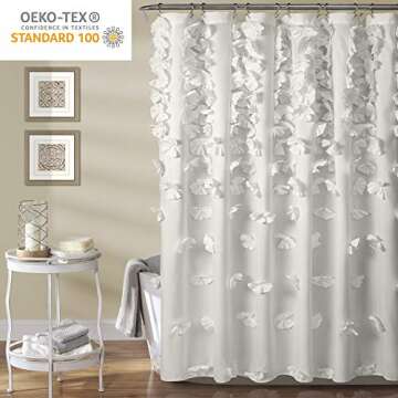 Lush Decor Riley Shower Curtain, 72" W x 72" L, White - Luxury Shower Curtain With Bows - Charming Texture - Beautiful & Elegant Girly Bathroom Accessory - Romantic, Vintage Glam Bathroom Decor