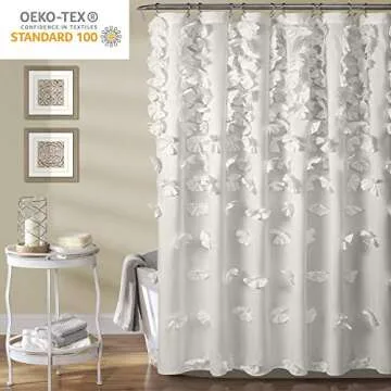 Lush Decor Riley Shower Curtain, 72" W x 72" L, White - Luxury Shower Curtain With Bows - Charming Texture - Beautiful & Elegant Girly Bathroom Accessory - Romantic, Vintage Glam Bathroom Decor