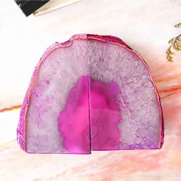 JIC Gem Decorative Crystal Book Ends Polished Dyed Pink Color Geode Brazilian Agate Bookends with Ru...