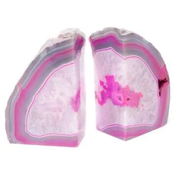 JIC Gem Decorative Crystal Book Ends Polished Dyed Pink Color Geode Brazilian Agate Bookends with Rubber Bumpers Small Size(1 Pair, 2-3 LBS)