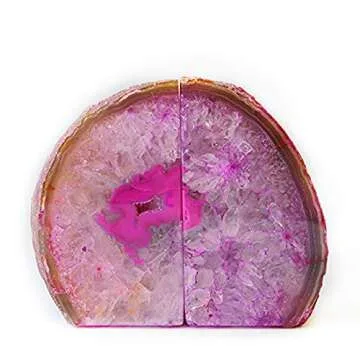JIC Gem Decorative Crystal Book Ends Polished Dyed Pink Color Geode Brazilian Agate Bookends with Rubber Bumpers Small Size(1 Pair, 2-3 LBS)