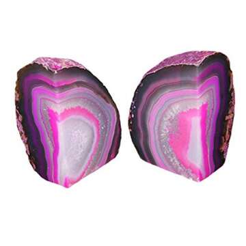JIC Gem Decorative Crystal Book Ends Polished Dyed Pink Color Geode Brazilian Agate Bookends with Rubber Bumpers Small Size(1 Pair, 2-3 LBS)