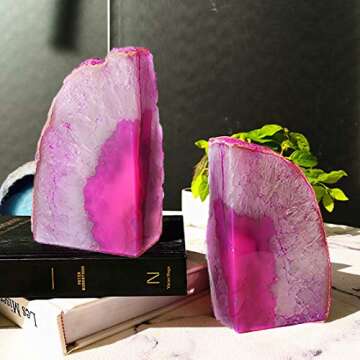JIC Gem Decorative Crystal Book Ends Polished Dyed Pink Color Geode Brazilian Agate Bookends with Rubber Bumpers Small Size(1 Pair, 2-3 LBS)