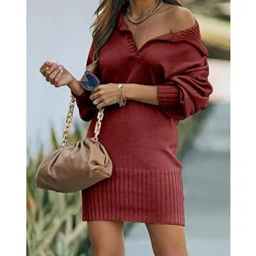BTFBM Knit Mini Dress for Women - Cozy V Neck Style
