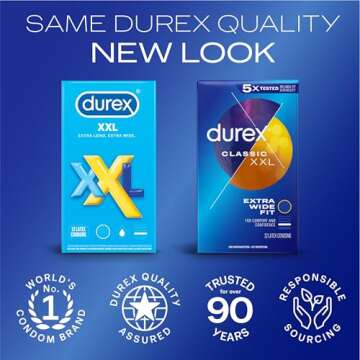 Durex Condom XXL Longer & Wider Natural Latex Condoms, Extra Wide Fit, 12 Count - Ultra Fine & Lubricated (Packaging May Vary)