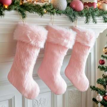 AOGU 3 Pack 19 Inch Pink Christmas Stockings Faux Fur Xmas Christmas Stockings Hanging Ornaments Can...