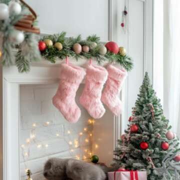 AOGU 3 Pack 19 Inch Pink Christmas Stockings Faux Fur Xmas Christmas Stockings Hanging Ornaments Candy Gift Bags for Christmas Decorations