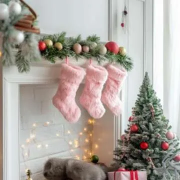 AOGU 3 Pack 19 Inch Pink Christmas Stockings Faux Fur Xmas Christmas Stockings Hanging Ornaments Candy Gift Bags for Christmas Decorations