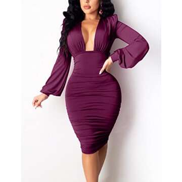 L'VOW Women's Deep V Neck Ruched Midi Dress Online