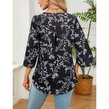 Viracy 3/4 Length Sleeve Womens Tops, Tunic Tops to Wear with Leggings Crewneck Neck Floral Pleated ...