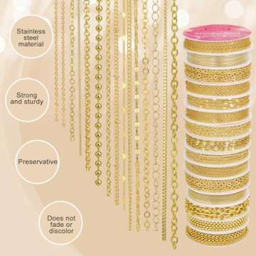 ENERFUN Gold Necklace Chains for Jewelry Making, 112 Feet 15 Rolls Jewelry Chains Bulk for DIY Neckl...
