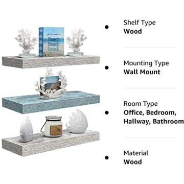 Sorbus Floating Shelves - 3 Pack 16 Inch Rustic & Blue Wall Shelves for Bedroom, Kitchen, Living Room, Bathroom Shelves, Home Decor, Office - Floating Shelf for Trophy, Books, Frames