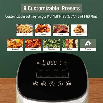Air Fryer, Fabuletta 9 Customizable Smart Cooking Programs Compact 4QT Air Fryers, Shake Reminder, 450°F Digital Airfryer,Tempered Glass Display, Dishwasher-Safe, Fit for 2-4 People