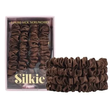 SILKIE x4 Set of 100% Mulberry Silk Brown Skinny Scrunchies with Travel Pouch