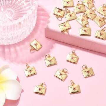 LiQunSweet 20 Pcs Brass Charms with Enamel Real 18K Gold Plated Love Letter Sweet Heart Envelope Charms for Jewelry Making