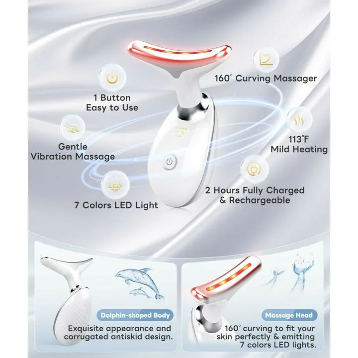 7 Color Light Based Facial and Neck Massager - Face Massager Tool for Skin Care at Home, Glossy White