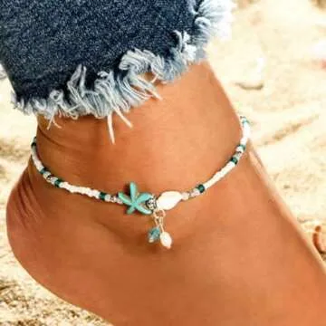 JEWEKY Boho Starfish Anklets Blue Ankle Bracelets Pearl Anklet Chain Beach Foot Jewelry for Women