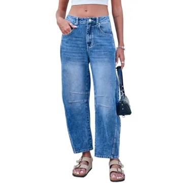 GREAIDEA Mid Rise Barrel Jeans for Women - Stylish Baggy Wide Leg Denim Pants with Pockets
