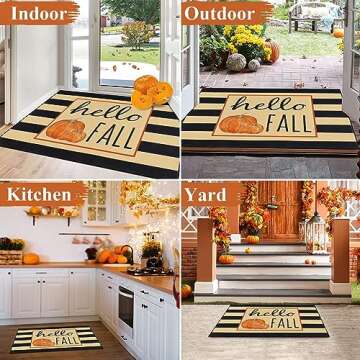 HEBE Fall Door Mat 32"x48" Non Slip Pumpkin Welcome Doormat Buffalo Plaid Doormats for Autumn Harvest Thanksgiving Farmhouse Large Entrance Doormat Low Profile Floor Carpet Mat Washable