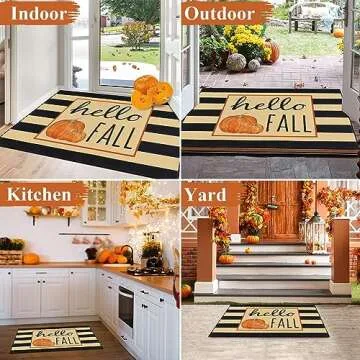 HEBE Fall Door Mat 32"x48" Non Slip Pumpkin Welcome Doormat Buffalo Plaid Doormats for Autumn Harvest Thanksgiving Farmhouse Large Entrance Doormat Low Profile Floor Carpet Mat Washable