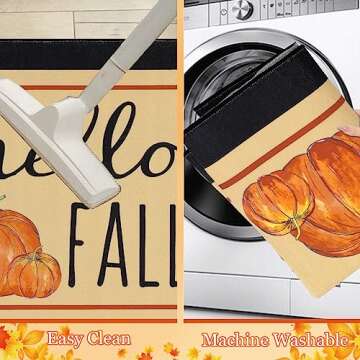 HEBE Fall Door Mat 32"x48" Non Slip Pumpkin Welcome Doormat Buffalo Plaid Doormats for Autumn Harvest Thanksgiving Farmhouse Large Entrance Doormat Low Profile Floor Carpet Mat Washable