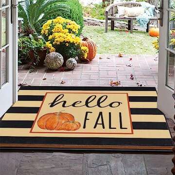HEBE Fall Door Mat 32"x48" Non Slip Pumpkin Welcome Doormat Buffalo Plaid Doormats for Autumn Harvest Thanksgiving Farmhouse Large Entrance Doormat Low Profile Floor Carpet Mat Washable