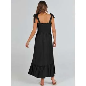 ANRABESS Women Summer Casual Strap Smocked Maxi Flowy Tiered A Line Beach Travel Sundress Wedding Guest Outfits Black Small