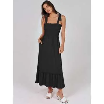 ANRABESS Women Summer Casual Strap Smocked Maxi Flowy Tiered A Line Beach Travel Sundress Wedding Guest Outfits Black Small