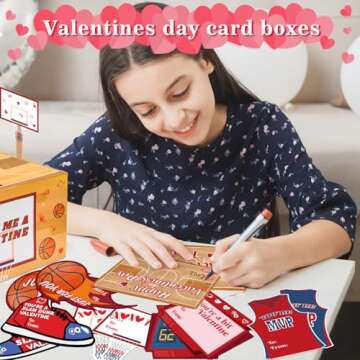 Valentines Day Box with 30Pcs Cards Kids Basketball Mailbox School Classroom Exchange Game Valentine's Card Mail Box Kit Cardborad Boxes Sports Valentine Party Favors Supplies Decorations