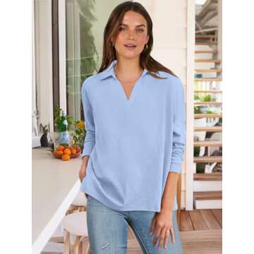 ANRABESS Women Long Sleeve Polo Shirts Casual V Neck Collared Boxy Fit Dressy Work Blouse Top Spring Outfits Light Blue M