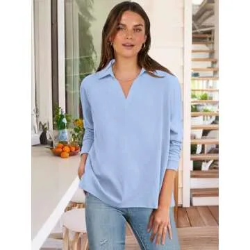 ANRABESS Women Long Sleeve Polo Shirts Casual V Neck Collared Boxy Fit Dressy Work Blouse Top Spring Outfits Light Blue M