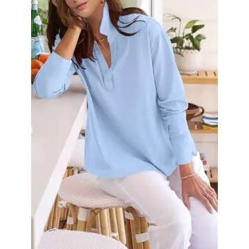 ANRABESS Women Long Sleeve Polo Shirts Casual V Neck Collared Boxy Fit Dressy Work Blouse Top Spring Outfits Light Blue M