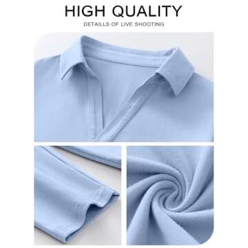 ANRABESS Women Long Sleeve Polo Shirts Casual V Neck Collared Boxy Fit Dressy Work Blouse Top Spring Outfits Light Blue M