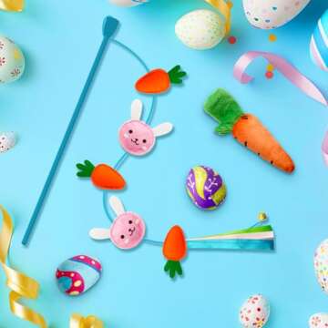 Lepawit 4 Pack Easter Cat Toys, Bunny Cat Wand Toy with Bell, Easter Egg Catnip Toys with Crinkle, E...