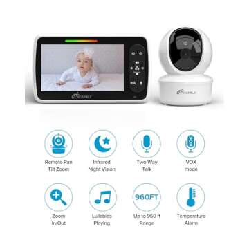 iFamily Baby Monitor - Large 5" Screen with 30Hrs Battery Life - Remote Pan-Tilt-Zoom;No WiFi, Two-W...