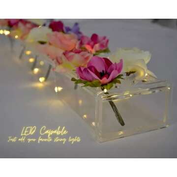 Long Clear Rectangular Flower Vase Table Centerpiece for Flowers - 24 Inches Long Flute Vase - Acrylic Modern Vase - Low Flower Vase Arrangement for Home Decor or Weddings w/Removable Top (Clear)