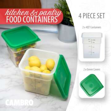 Cambro Food Storage Container with Lid (BPA-Free) - 2 Pack - Classic Series Square with Green Lid - ...