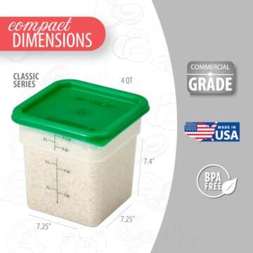 Cambro Food Storage Container with Lid (BPA-Free) - 2 Pack - Classic Series Square with Green Lid - 4 QT (Quart) - Commercial Grade for Food Prep (Translucent)