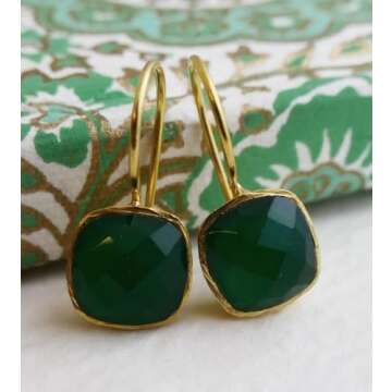 Cushion Cut Green Onyx Gold Plated Sterling Silver Drop Earrings - Handmade Jewelry Gift Ideas for Women - Natural Gem Gemstone - Birthday Valentine's Mother's Day Gift