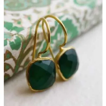 Cushion Cut Green Onyx Gold Plated Sterling Silver Drop Earrings - Handmade Jewelry Gift Ideas for Women - Natural Gem Gemstone - Birthday Valentine's Mother's Day Gift