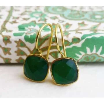 Cushion Cut Green Onyx Gold Plated Sterling Silver Drop Earrings - Handmade Jewelry Gift Ideas for Women - Natural Gem Gemstone - Birthday Valentine's Mother's Day Gift