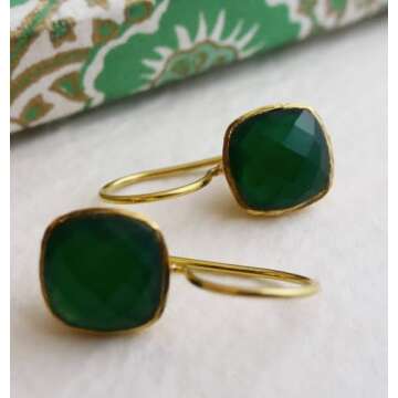 Cushion Cut Green Onyx Gold Plated Sterling Silver Drop Earrings - Handmade Jewelry Gift Ideas for Women - Natural Gem Gemstone - Birthday Valentine's Mother's Day Gift