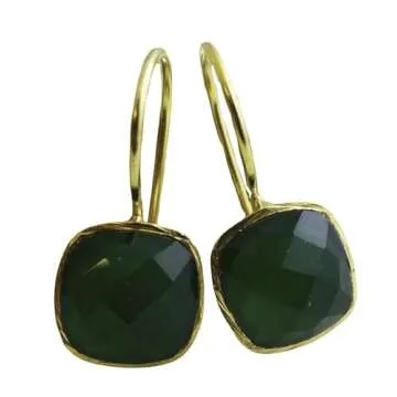 Cushion Cut Green Onyx Gold Plated Sterling Silver Drop Earrings - Handmade Jewelry Gift Ideas for Women - Natural Gem Gemstone - Birthday Valentine's Mother's Day Gift