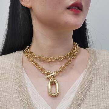 Peutlhomy 2 Pcs Chunky Necklace For Women Men Layered Gold Chunky Chain Choker Necklace with Toggle Clasp Cuban Link Chain Carabiner Necklace Punk Hip-hop Jewelry (Gold Chunky Necklace)