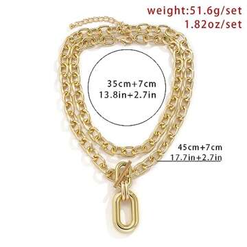 Peutlhomy 2 Pcs Chunky Necklace For Women Men Layered Gold Chunky Chain Choker Necklace with Toggle Clasp Cuban Link Chain Carabiner Necklace Punk Hip-hop Jewelry (Gold Chunky Necklace)
