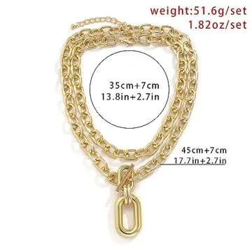 Peutlhomy 2 Pcs Chunky Necklace For Women Men Layered Gold Chunky Chain Choker Necklace with Toggle Clasp Cuban Link Chain Carabiner Necklace Punk Hip-hop Jewelry (Gold Chunky Necklace)