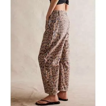 Kedera Women's Baggy Wide Leg Jeans Barrel Horseshoe Boyfriend Cropped Leopard Printed Denim Pants